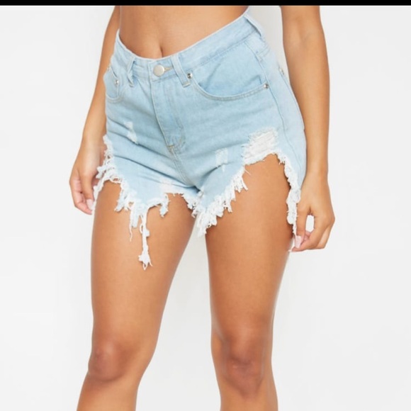 PLT Light Blue Wash Extreme Thigh Rip Denim Shorts - Picture 3 of 11